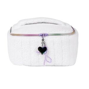White Fuzzy Makeup Bag with Heart Charm